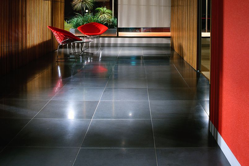 Laguna polished concrete tiles from Concrete Collaborative in the ‘Coal’ colour option.
