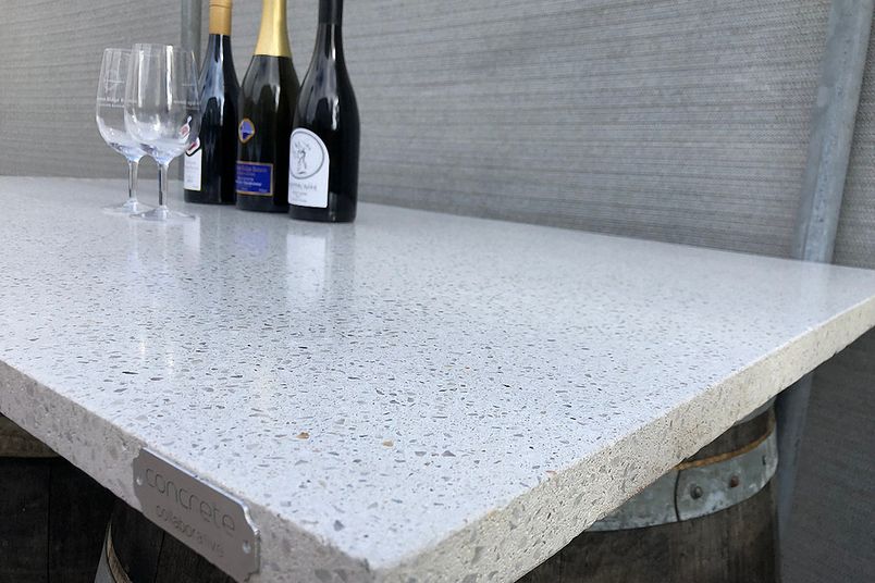 A Pacifica concrete slab benchtop from Concrete Collaborative in ‘Alabaster’ terrazzo.