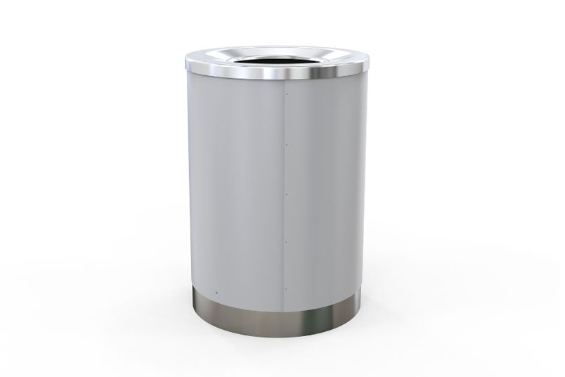 Astra Street Furniture's London bin shown in stainless steel open top with steel sides.