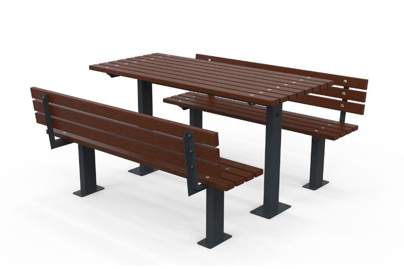 Astra Street Furniture Woodville picnic setting with seats shown in Merbau hardwood.
