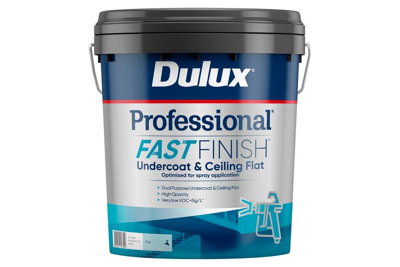 Dulux Professional FASTFINISH Undercoat and Ceiling Flat is a dual-purpose interior paint.