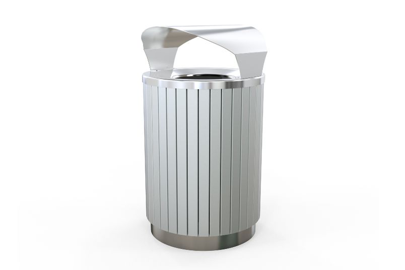 Astra Street Furniture's London bin shown with covered top in stainless steel.