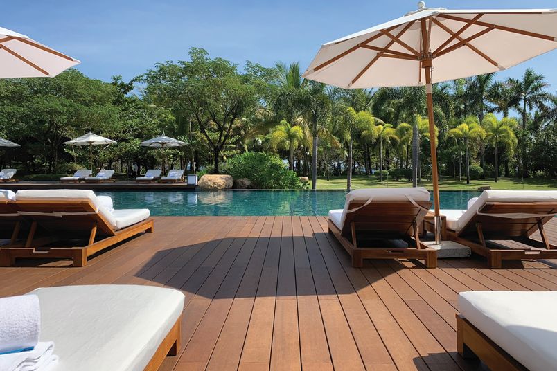 Indeckrity engineered bamboo decking in colour Cognac at a resort.