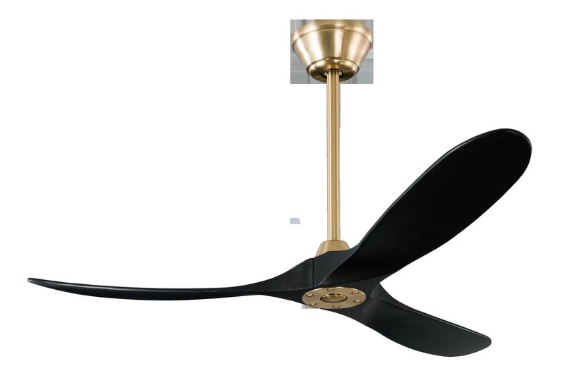 Milano Slider ceiling fan in burnished brass with black blades and long pole.