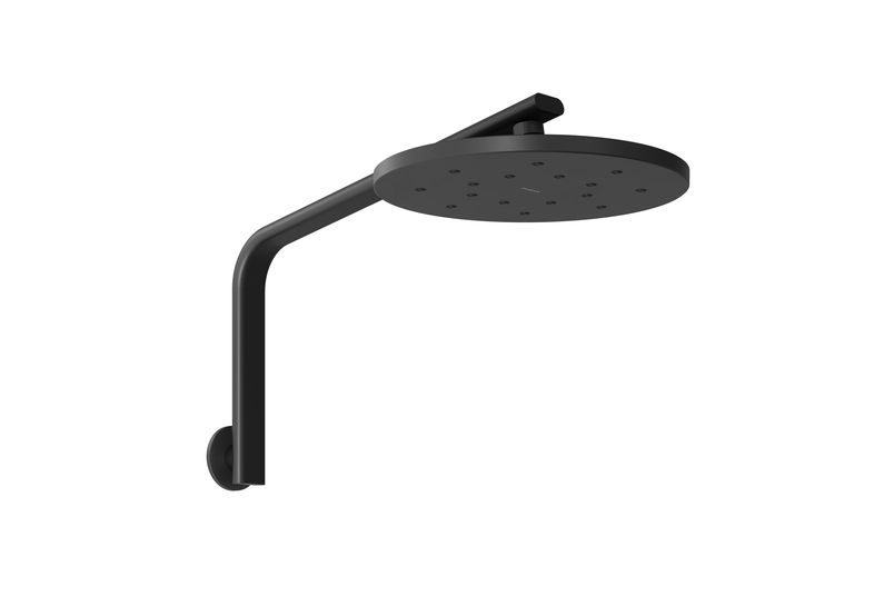 Phoenix Tapware’s Oxley high-rise shower arm and rose in Matte Black.