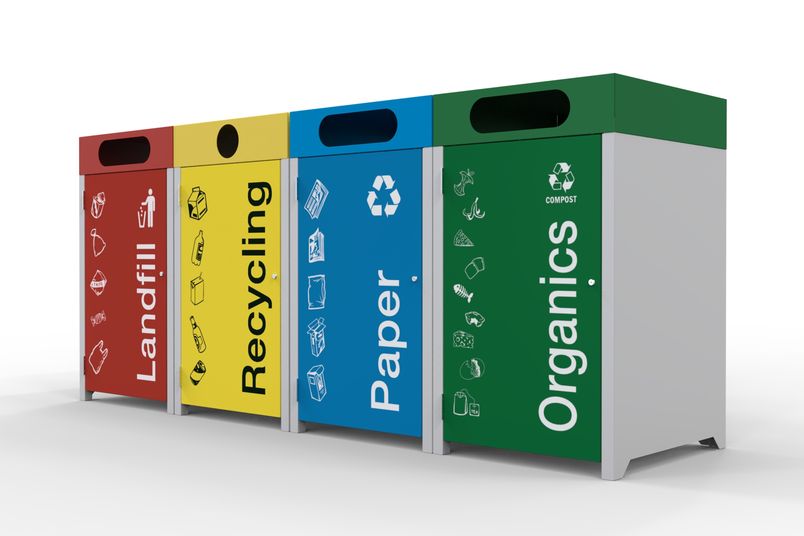 Athens bins shown with waste stream graphics.